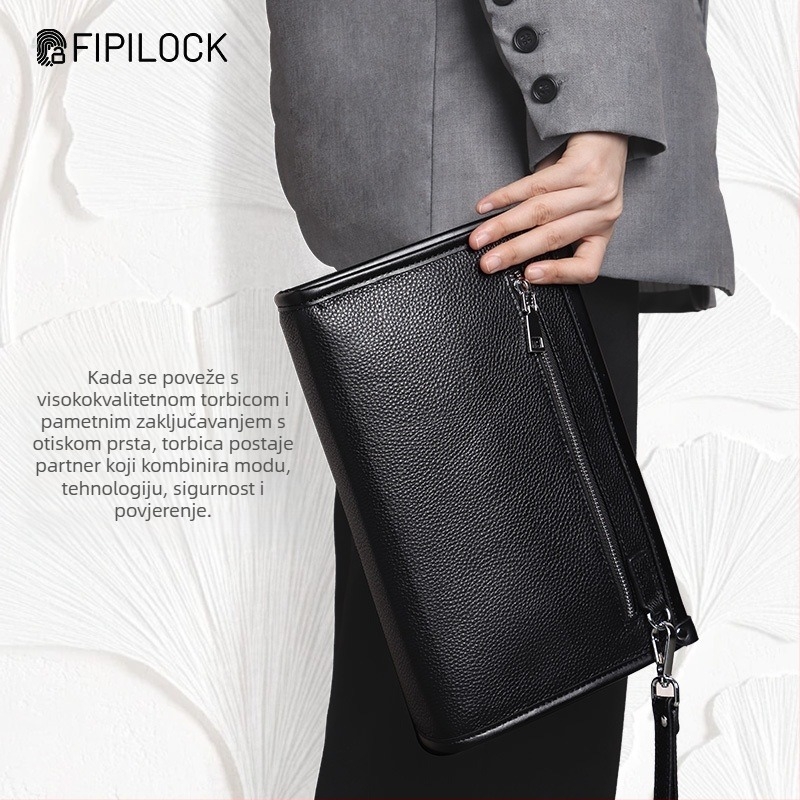 Muška kožna clutch torba s velikim kapacitetom i zaključavanjem otiskom prsta - protiv krađe, koža prvog sloja teleće kože, poslovni stil