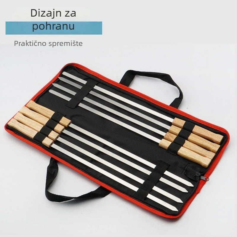 Plošni ražnjići za roštilj od nehrđajućeg čelika s drvenom drškom od hrasta, višekratna upotreba, za pečenje janjetine, uz prijenosnu torbu.