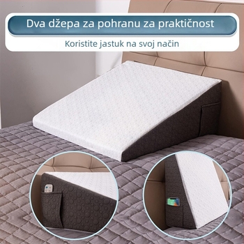 Trokutasti jastuk uz rub kreveta s memorijskom penom i podrškom za leđa, za jednu osobu; navlaka od pletenog materijala; visina jezgre 20.1-25 cm; težina 1.55-2.00 kg