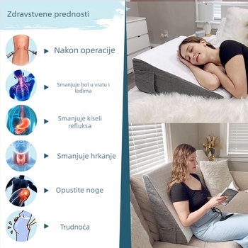 Trokutasti jastuk uz rub kreveta s memorijskom penom i podrškom za leđa, za jednu osobu; navlaka od pletenog materijala; visina jezgre 20.1-25 cm; težina 1.55-2.00 kg