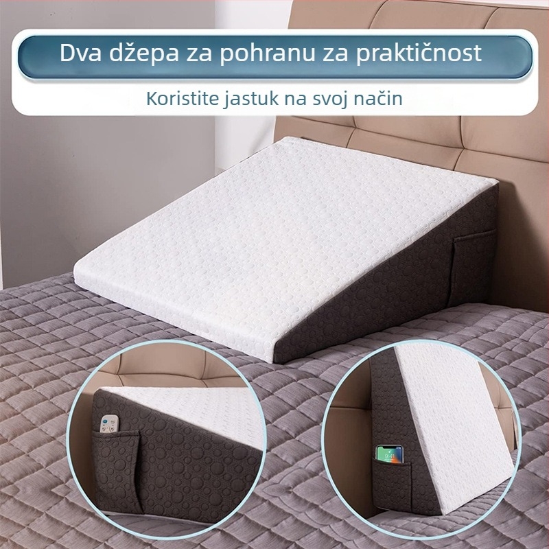 Trokutasti jastuk uz rub kreveta s memorijskom penom i podrškom za leđa, za jednu osobu; navlaka od pletenog materijala; visina jezgre 20.1-25 cm; težina 1.55-2.00 kg