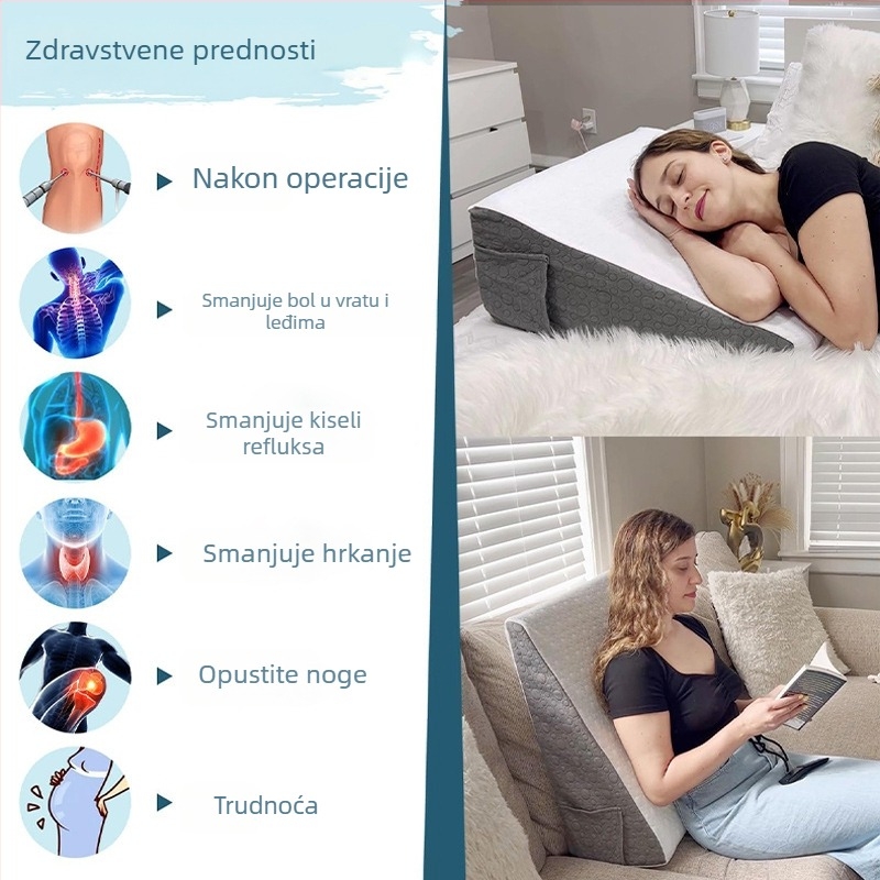 Trokutasti jastuk uz rub kreveta s memorijskom penom i podrškom za leđa, za jednu osobu; navlaka od pletenog materijala; visina jezgre 20.1-25 cm; težina 1.55-2.00 kg