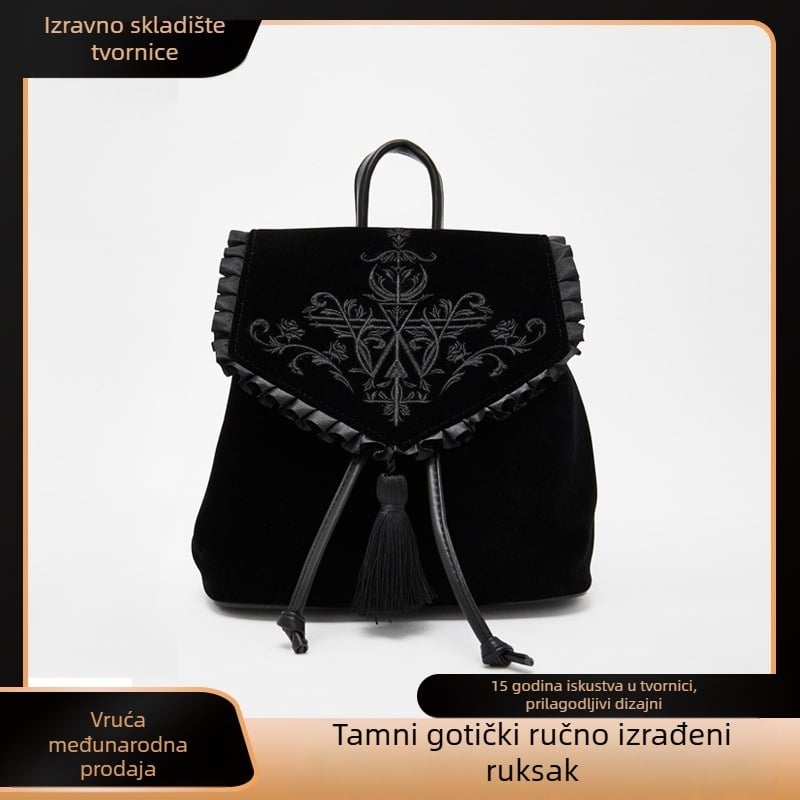 Baršunasti ruksak u ulicnom stilu s zatvaranjem na šnuru, kapom i unutarnjim džepovima (zip, za telefon, za osobnu iskaznicu), podstava od najlona