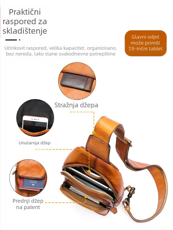 Muška torba za prsa od prave kože, gornji sloj teleće kože, otporna na habanje i smanjenje opterećenja, podstava od poliestersko-pamučne tkanine, jednobojni dizajn
