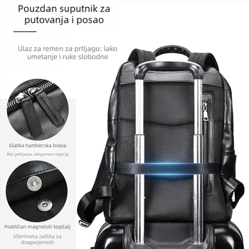 Muški ranac od prave kože - protiv krađe, prvi sloj teleće kože, pretinac za prijenosno računalo, zakrivljene naramenice, poslovna putovanja