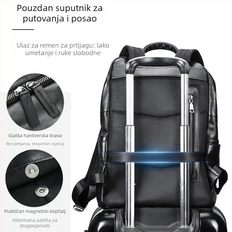 Muški ranac od prave kože - protiv krađe, prvi sloj teleće kože, pretinac za prijenosno računalo, zakrivljene naramenice, poslovna putovanja
