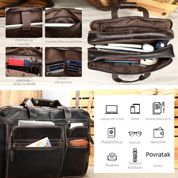 Poslovna torba od prave kože, prvi sloj teleće kože, otporna na habanje, podstava od poliestera-bavlne, poslovna torba za putovanja