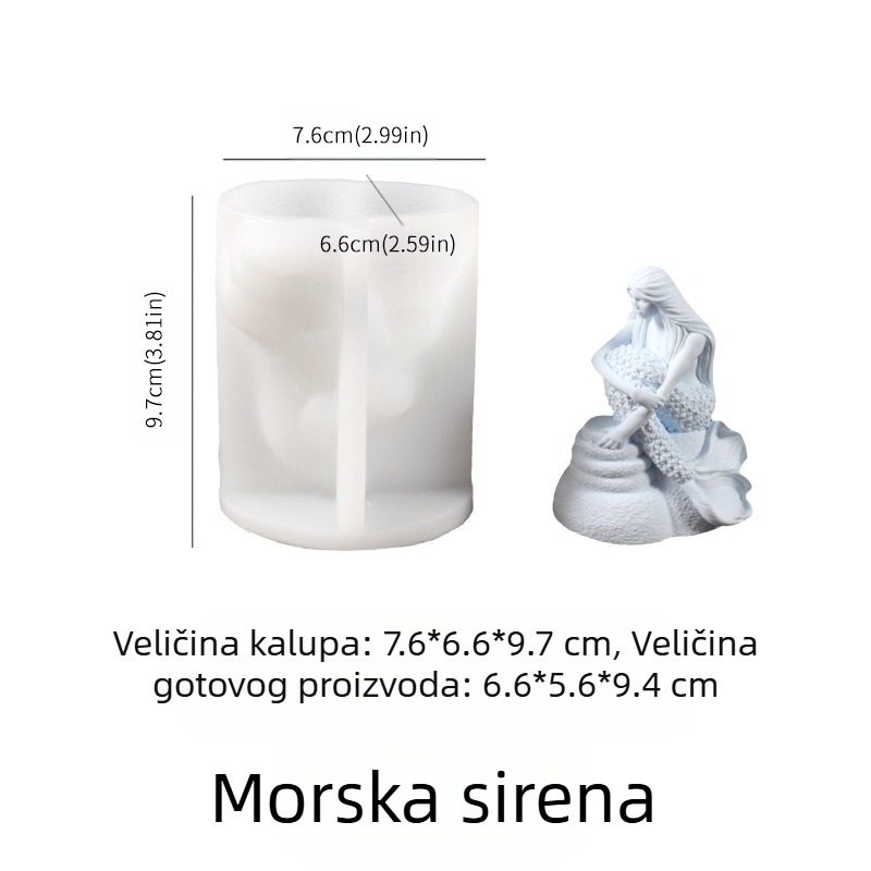 Silikonski kalup za svijeće – 3D sirena, sjedeća sirena, neobičan oblik, za ručno izrađene mirisne svijeće