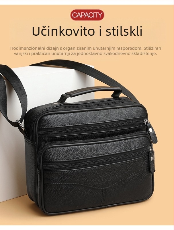 Muška crossbody torbica od prve sloje goveđe kože, velika kapaciteta, vodootporna, prozračna, otporna na habanje