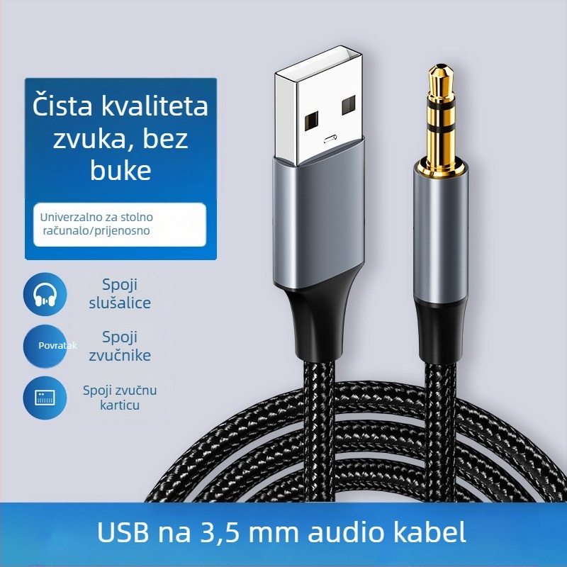 USB do 3,5 mm audio kabela za PC – niklirano premaz, najlonsko jezgro, bakreni vodovi, težina 0,03 kg