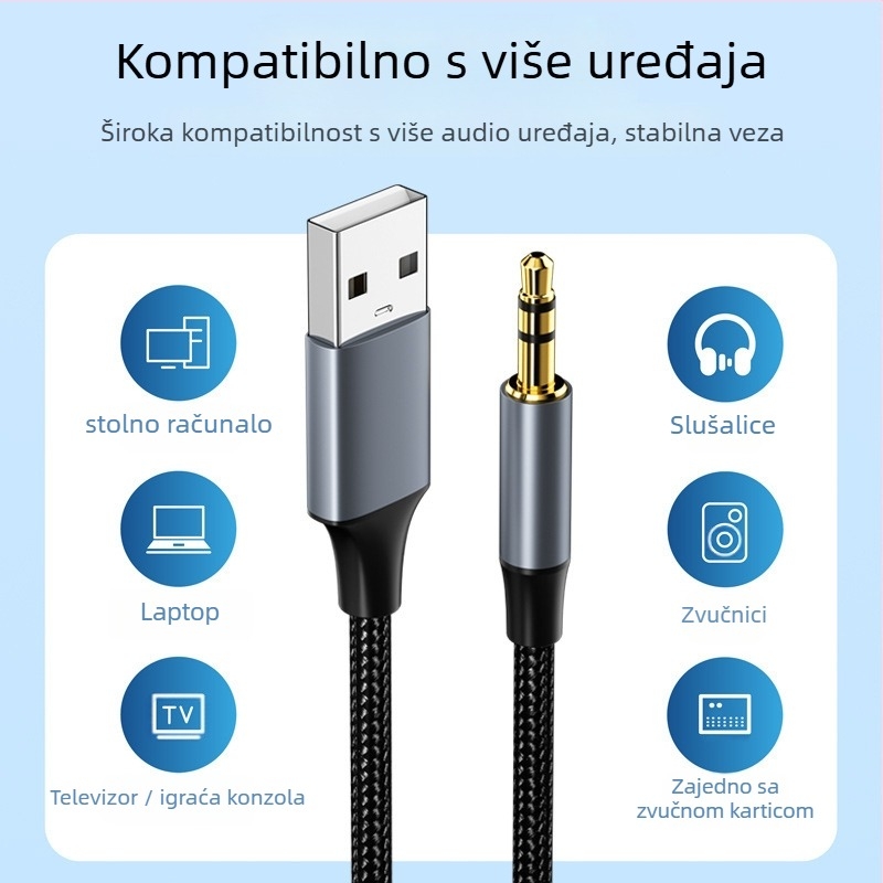 USB do 3,5 mm audio kabela za PC – niklirano premaz, najlonsko jezgro, bakreni vodovi, težina 0,03 kg