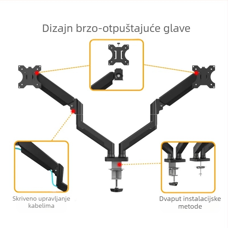 Aluminijski držač monitora s dvostrukim ramenom i plinskim amortizerom, teleskopskim podizanjem i rotacijom; težina 3,88 kg