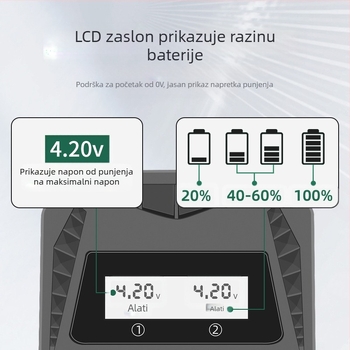 USB punjač s dvostrukim utorom i Type-C sučeljem, pametno punjenje baterija AA/AAA i 18650/26650/21700/14500/16340/18500/16650; ulaz DC5.0V; izlaz 4.2V 1A i 1.2V 1A.
