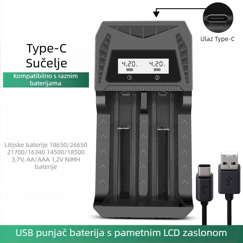 USB punjač s dvostrukim utorom i Type-C sučeljem, pametno punjenje baterija AA/AAA i 18650/26650/21700/14500/16340/18500/16650; ulaz DC5.0V; izlaz 4.2V 1A i 1.2V 1A.