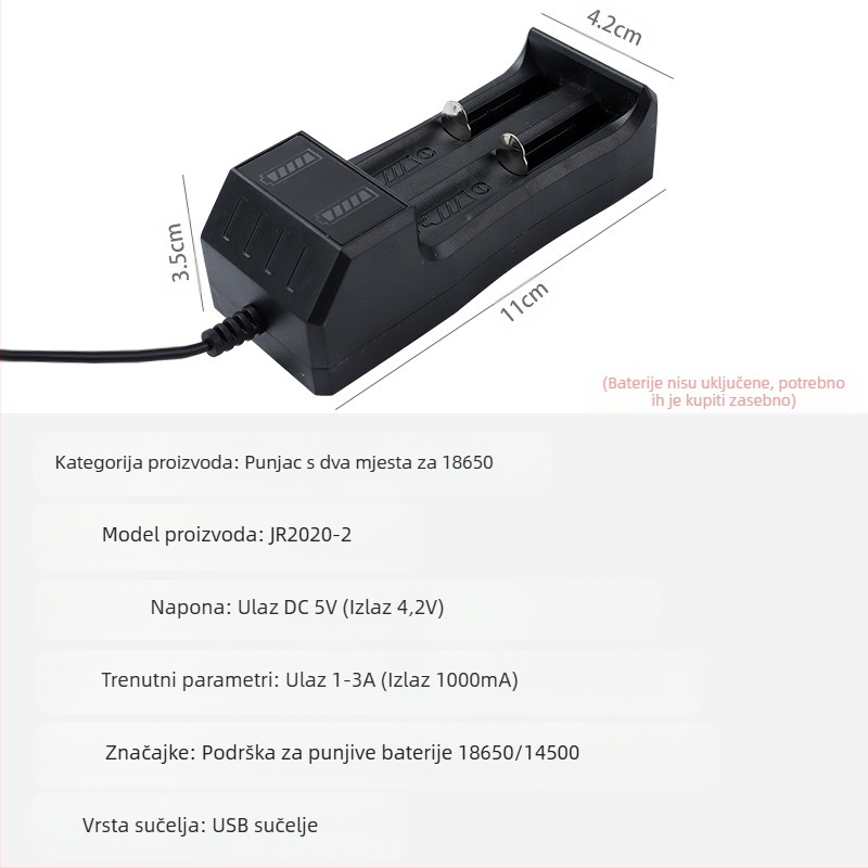Julai Juxing dvostruki USB punjač za Li-ion baterije 18650/14500, izlaz 4.2V, ulaz 5V, CE ROHS.