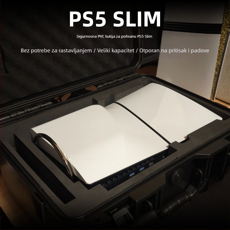 PS5 Slim Kutija za pohranu, ABS+EVA materijal, Injekcijsko oblikovanje, Kompatibilno s PS5 Slim konzolom, Težina 3,6 kg, Uključuje 1 kutiju za pohranu