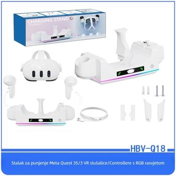 Stalak za punjenje VR kontrolera Meta Quest 3S/Quest 3, zidni nosač, USB-C kabel uključen, RGB indikator, ABS kućište
