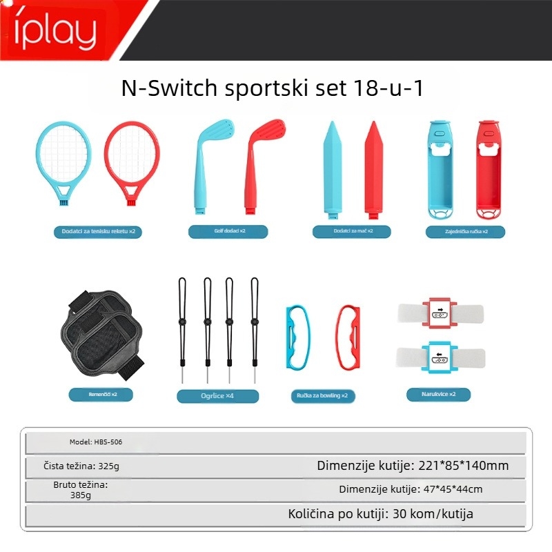 Nintendo Switch-kompatibilan set sportskih dodataka, 18 u 1, ABS materijal, uključuje drške, teniske rekete, svjetlosne sablje, golf rekete, trake, narukvice i lanyarde