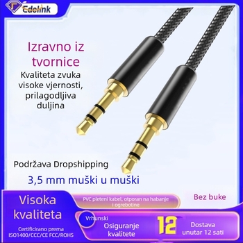 Auto audio kabel 3,5 mm, muški-muški, zlatni konektori, AUX kabel, jezgro OFC bakra tinovano