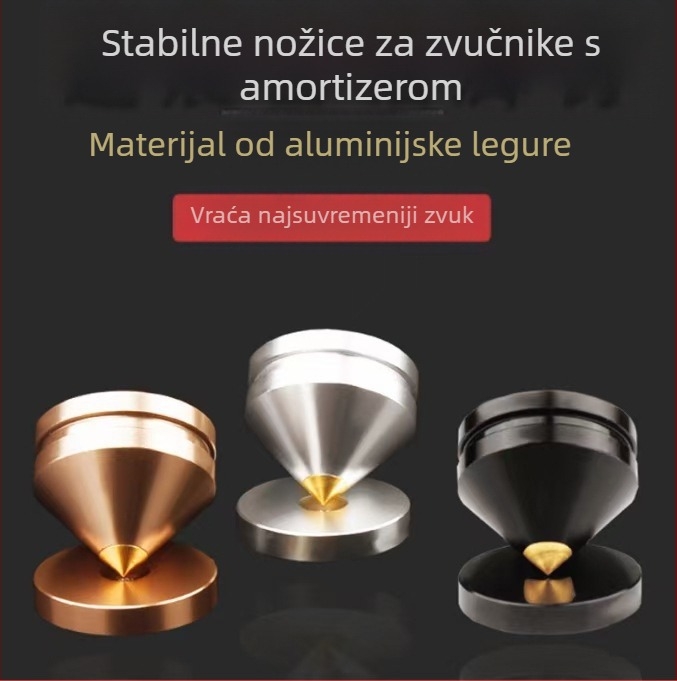 Aluminijske nogice za zvučnike s tlmičkim podlogama za audio opremu (materijal: aluminij/ aluminijska zliatina; primjena: zvučnici, CD-player, pojačalo; funkcija: amortizacija)