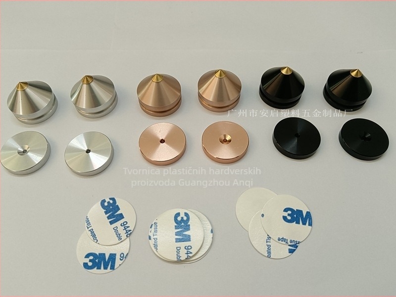 Aluminijske nogice za zvučnike s tlmičkim podlogama za audio opremu (materijal: aluminij/ aluminijska zliatina; primjena: zvučnici, CD-player, pojačalo; funkcija: amortizacija)