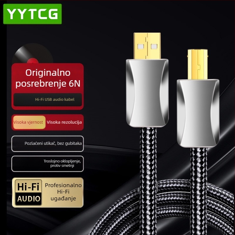 USB audio kabel Hi-Fi DAC sa srebrnim premazom, A na B kvadratni priključak, za zvučnu karticu i mikser.