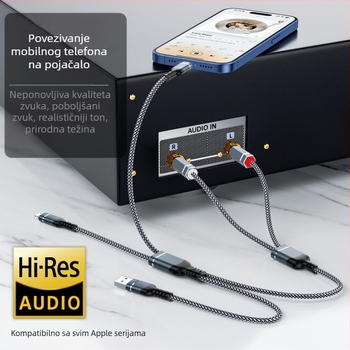 Visokokvalitetni Apple/Huawei audio kabel, 1 na 2 RCA, za povezivanje telefona sa zvučnikom
