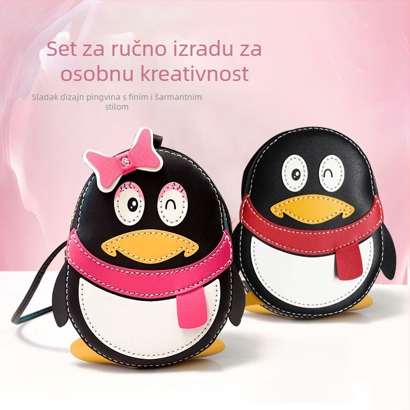 Ručna tkana torba s motivom pingvina, PU materijal, ovalni oblik, zatvaranje na zip, pretinac za telefon, jednostruki remen