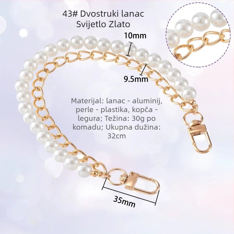 Remen za torbu preko ramena s metalnim hardverom, dvostruki lanac s perlama, svjež i sladak stil, jednobojan, proljeće 2024