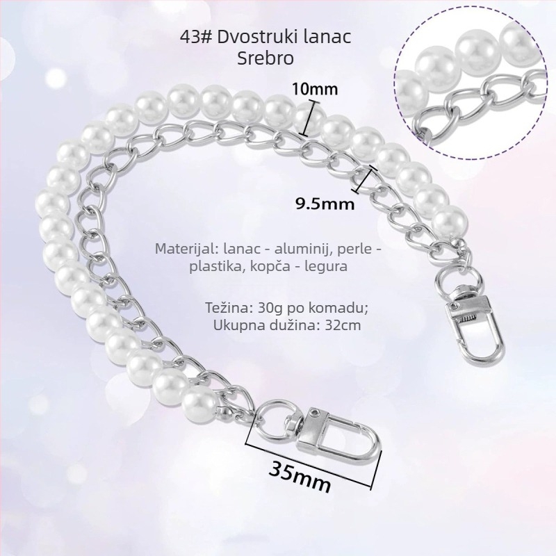 Remen za torbu preko ramena s metalnim hardverom, dvostruki lanac s perlama, svjež i sladak stil, jednobojan, proljeće 2024