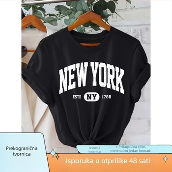 Majica s printom slova New York, okrugli izrez, kratki rukavi, pamuk s poliester-elastan smjesom