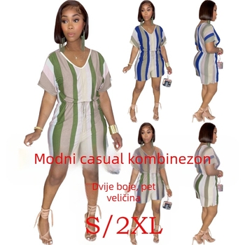 BX6037 Ženski prugasti jumpsuit s visokim strukom, cropped hlače, casual stil, poliesterska smjesa, mikroelastičnost