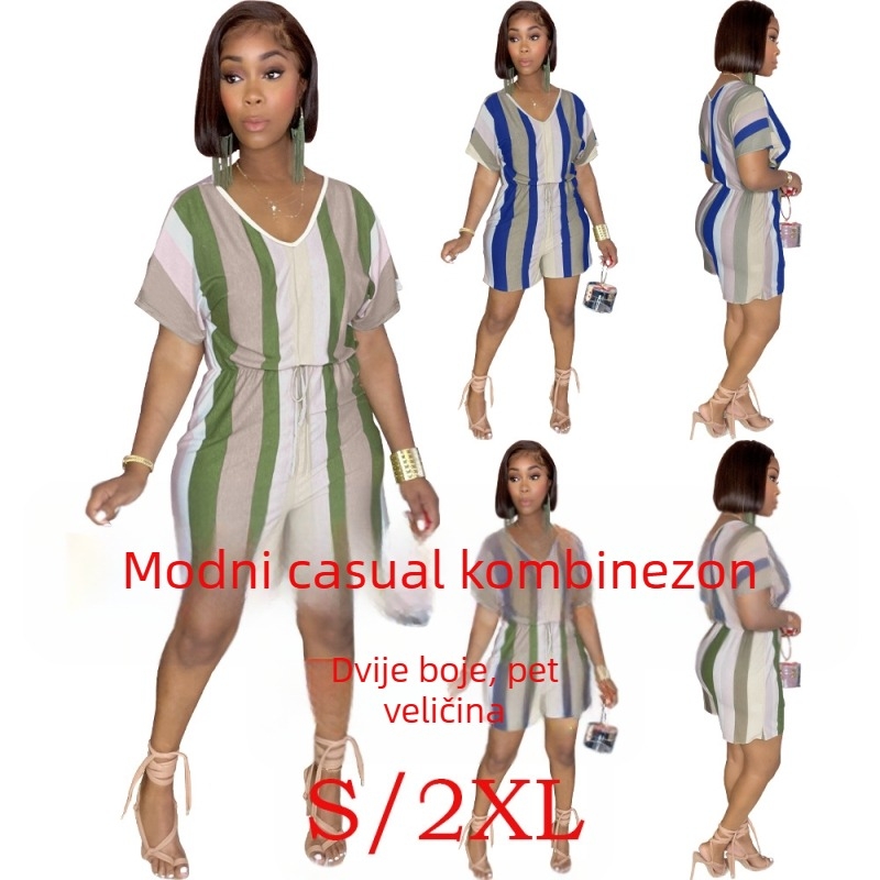 BX6037 Ženski prugasti jumpsuit s visokim strukom, cropped hlače, casual stil, poliesterska smjesa, mikroelastičnost
