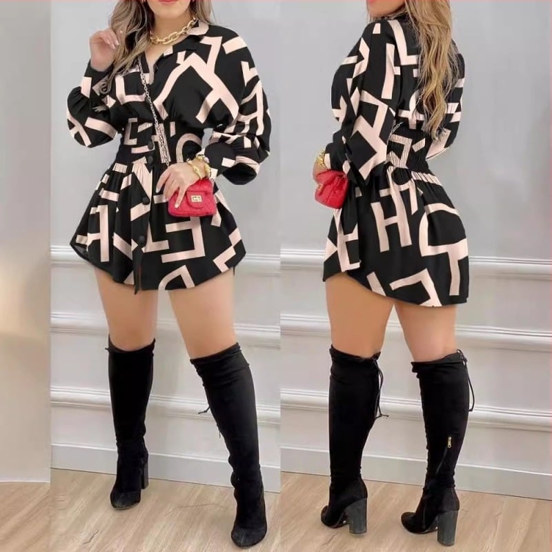 Ženska košulja od poliestera s geometrijskim printom, duge rukave, okrugli izrez, slobodan kroj