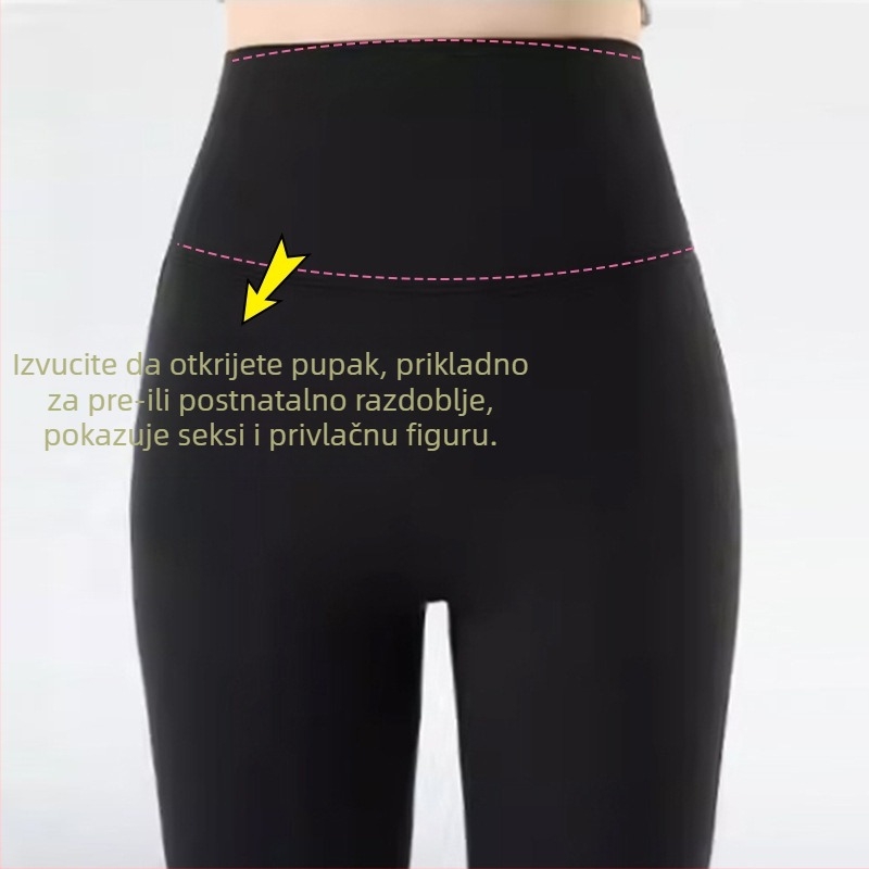 Trudničke i postporođajne hlače s podrškom trbuha, debeli materijal, mikro-elastični, poliester 30–50%, uski kroj