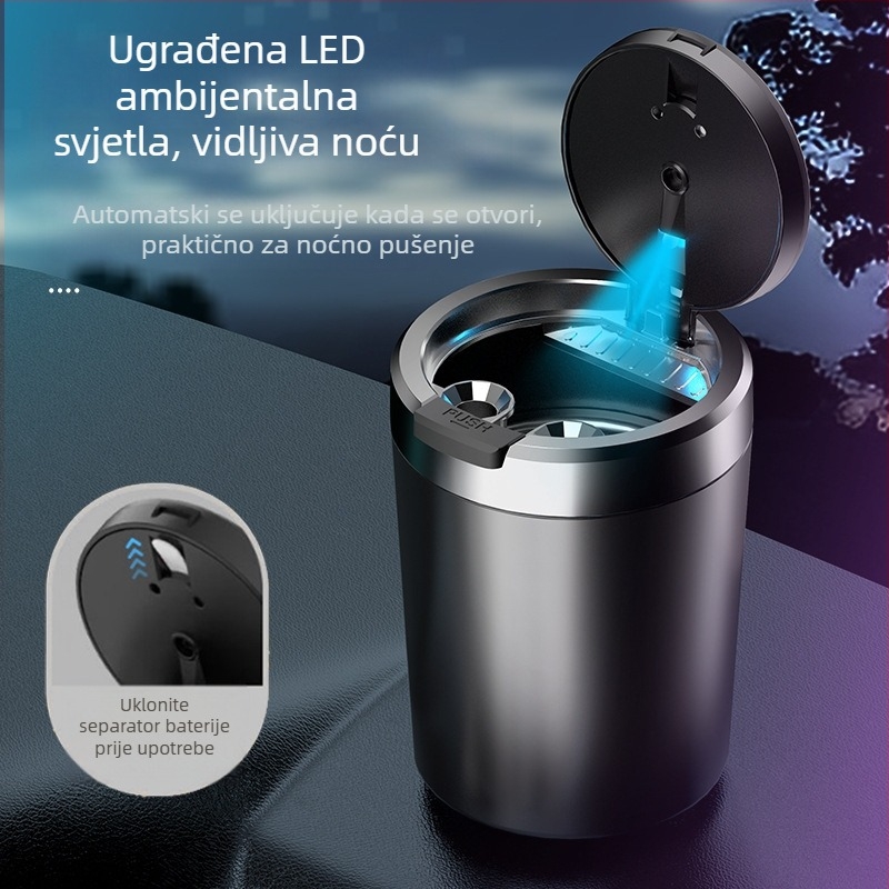 Auto pepeljara s osvjetljenjem, otvaranje jednim dodirom, prijenosna, univerzalni model; materijal: plastika; proizvodni proces: injekcijsko oblikovanje; težina: 0.2