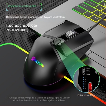 Žično gaming miš, DPI 12400, USB sučelje, 10 tipki, 6-razinska regulacija rezolucije