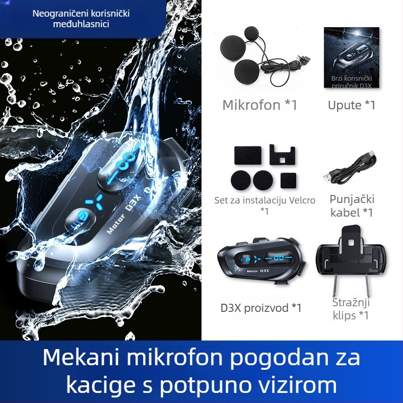 Bluetooth slušalice za kacigu s interkomom, stereo, vodootporne • Bluetooth 5.3 • Domet do 15 m • 8+ sati baterije