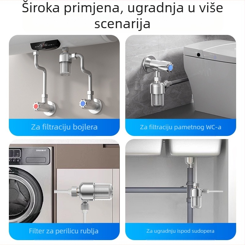 Predfiltrator za bojler – kućna upotreba; nehrđajući čelični filtar; dvostupanjsko filtriranje; zamjenjivi filtar; dnevni protok 3000 L; temperaturni raspon 1–65°C