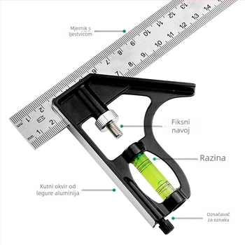 Kombinirano kutno ravnalo, raspon mjerenja 0–300 mm, 45° kut, namijenjeno drvetu, težina 136 g
