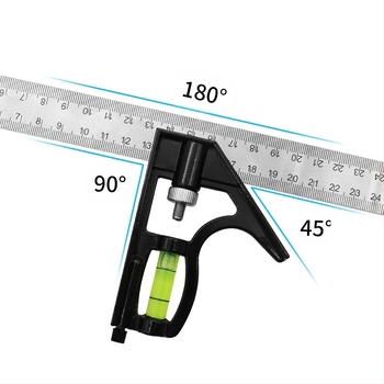 Kombinirano kutno ravnalo, raspon mjerenja 0–300 mm, 45° kut, namijenjeno drvetu, težina 136 g