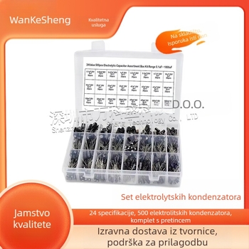 Komplet elektrolitskih kondenzatora s kutijom za razvrstavanje, 500 komada, 24 specifikacije, raspon 0,1–1000 µF