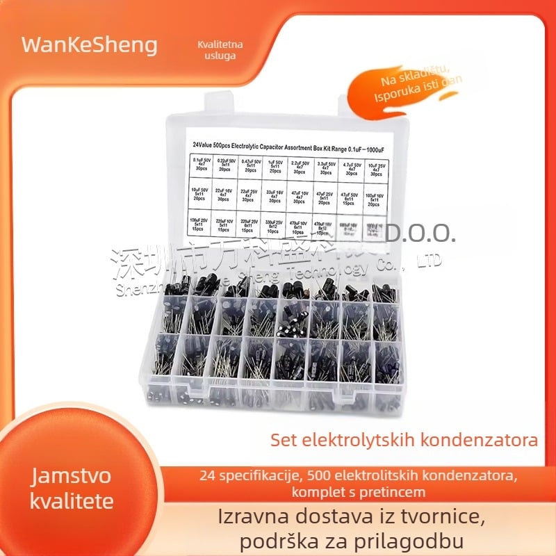 Komplet elektrolitskih kondenzatora s kutijom za razvrstavanje, 500 komada, 24 specifikacije, raspon 0,1–1000 µF