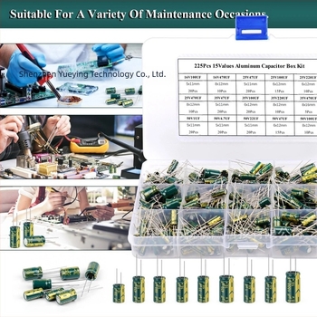 225 kom. set visokofrekvencijskih aluminijskih elektrolitskih kondenzatora, 15 vrijednosti kapaciteta, razmak pinova 38,90 mm, pakiranje: kutija