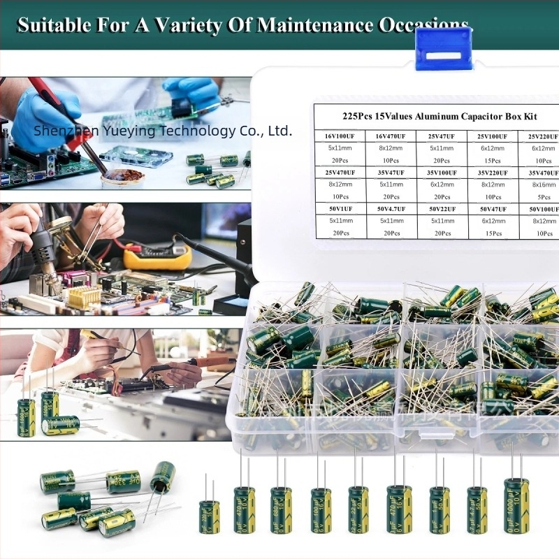 225 kom. set visokofrekvencijskih aluminijskih elektrolitskih kondenzatora, 15 vrijednosti kapaciteta, razmak pinova 38,90 mm, pakiranje: kutija