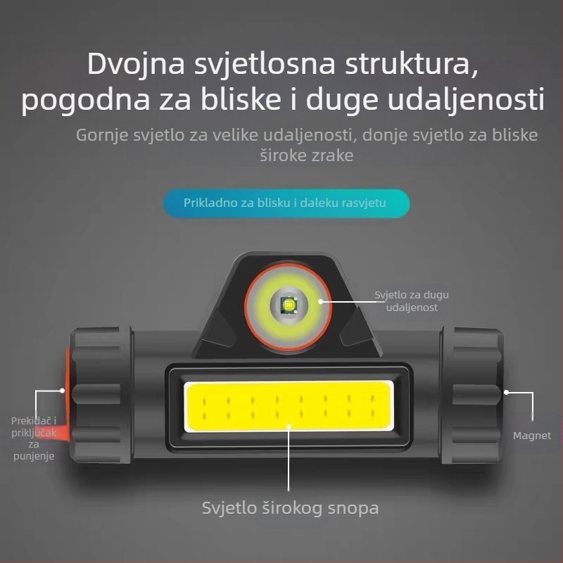 LED čelna svjetiljka, USB punjenje, trajanje rada 4 h, težina 77 g, domet 100–200 m