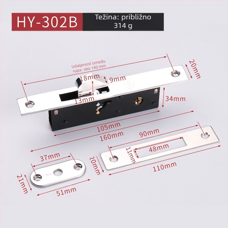 Vrezna brava za vrata s aluminijskim okvirom i staklom, model HY-302A/HY-302B, od željeza, moderni stil jednostavnosti