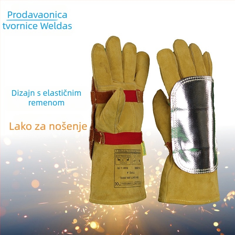 Zavarivačke zaštitne rukavice s štitnikom za ruku – aluminijska folija, kožna podstava, visoka temperatura otpornost, izolacija, zavarivanje