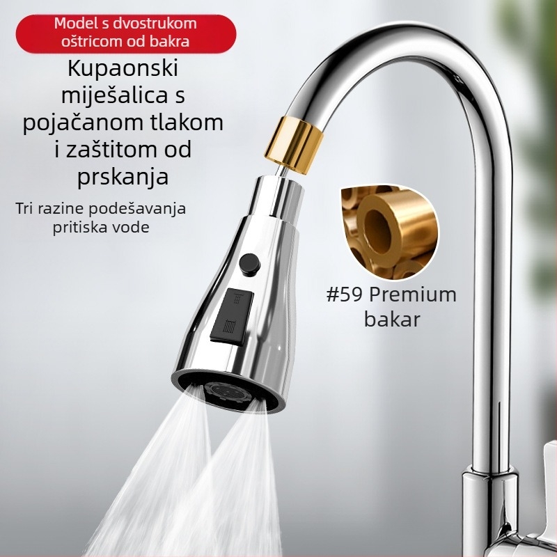 Kuhinjska glava prskalice s rotirajućim produženjem i filtrirajućom mlaznicom – materijal mesing/ABS, jednostruko upravljanje, elektro-poliranje i pečeni lak, jednostavna instalacija, radna temperatura 0–70°C