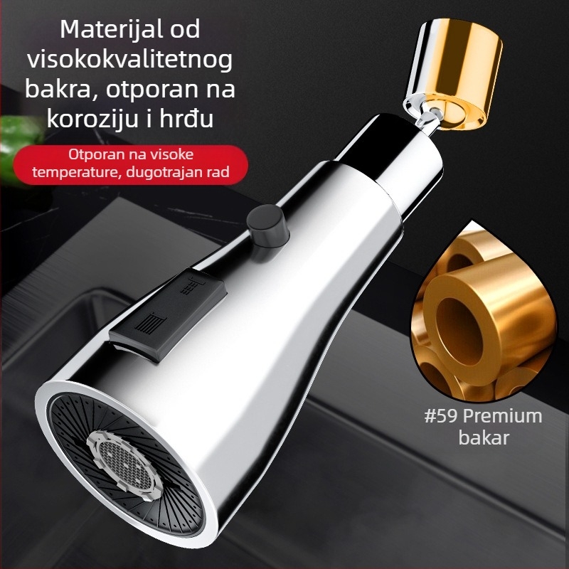 Kuhinjska glava prskalice s rotirajućim produženjem i filtrirajućom mlaznicom – materijal mesing/ABS, jednostruko upravljanje, elektro-poliranje i pečeni lak, jednostavna instalacija, radna temperatura 0–70°C